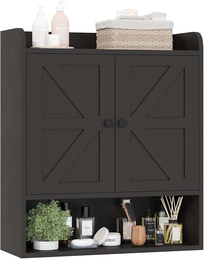 EasyCom 22" W x 26" H Bathroom Wall Cabinet, Farmhouse Medicine Cabinet with Adjustable Shelves and 2 Barn Doors, Over The Toilet Storage Cabinet for Bathroom, Kitchen, Living Room, Black