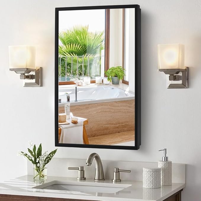 Movo 20 inch x 26 inch Medicine Cabinet with Mirror,Black Recessed or Surface Mounted Mirrored Medicine cabinets for Bathroom