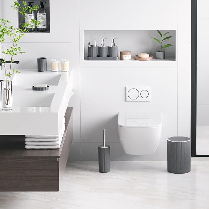Grey Bathroom Accessories Set, 10PC Bathroom Set, Bath Accessory with Pop Up Trash Can, Soap Dispenser, Toilet Brush, Toothbrush Set Qtip Holders & Tray