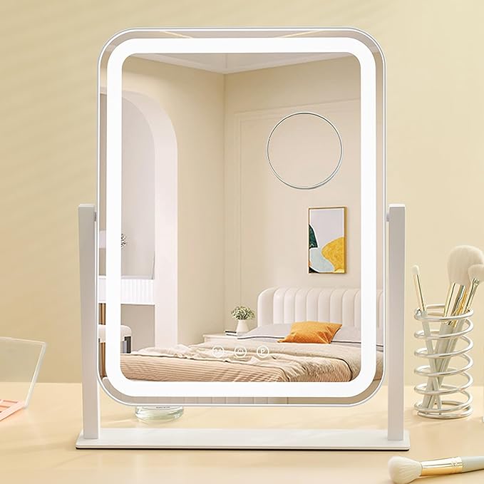 HIEEY Vanity Mirror with Lights, 17.4'' x 13'' Makeup Mirror with Lights, Three Color Lighting Modes, and 5X Magnification Mirror, Smart Touch Control, 360°Rotation (White,Gift Box)