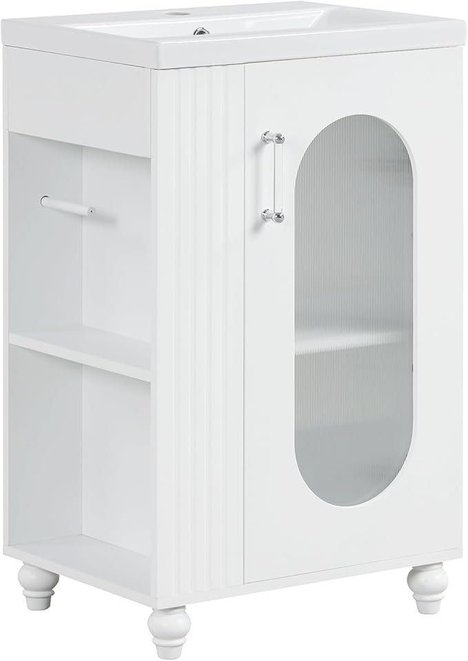 Virubi 20" Small Bathroom Vanity with Sink and Glass Door, Storage Shelf & Toilet Paper Holder,Solid Wood & MDF Modern Single Bathroom Sink Cabinet with Shelves,Freestanding,White