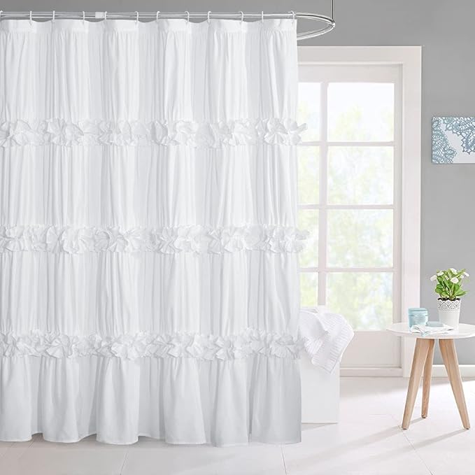 Victorian Ruffle Shower Curtain, Vintage Handcrafted Bow Tie Bath Curtain for Master Bathroom, Ruched Microfiber Bathroom Curtain with 12 Buttonholes, 72" W x 84" H, White (LQ-10)