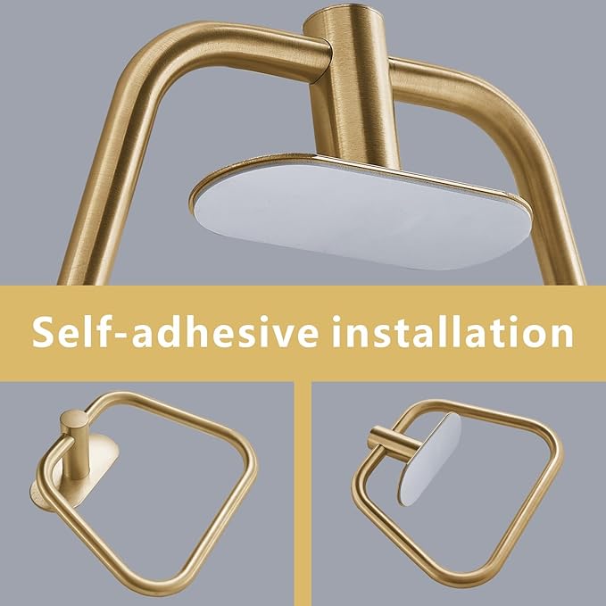 Self-Adhesive Towel Ring, Bathroom Hardware Accessories, 304 Stainless Steel Hand Towel Holder for Bathroom and Kitchen, Ladder Towel Hook, No Drill Installation Wall Mount (Gold)