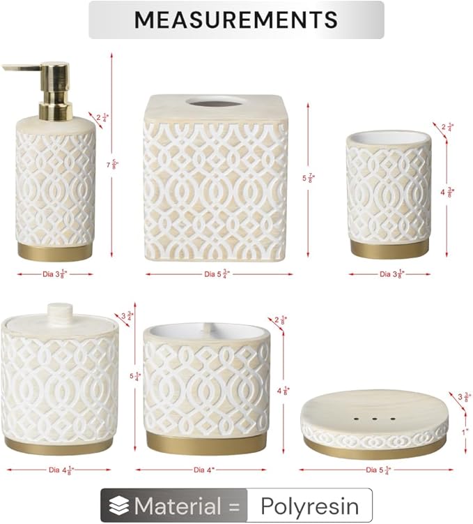 6-Piece Bathroom Accessories Set – Soap Dispenser, Toothbrush Holder, Tumbler, Soap Dish, Cotton Swab Jar & Toilet Brush – Modern Bathroom Decor Set (Solana)