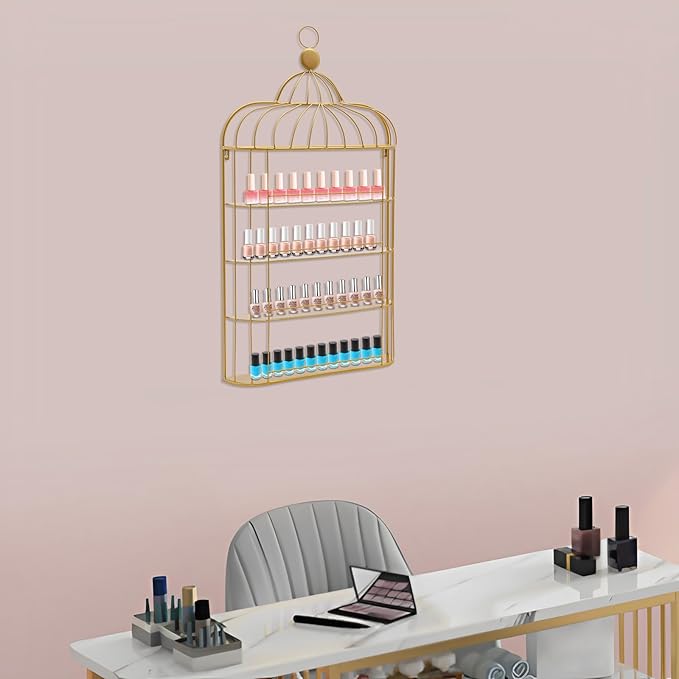 Nail Polish Organizer Wall Mounted, 4-Tier Nail Polish Storage Rack, Metal Nail Polish Storage Holder, Multifunctional Organizer for Essential Oil Perfume Lipsticks at Home Salon Spa(Gold)