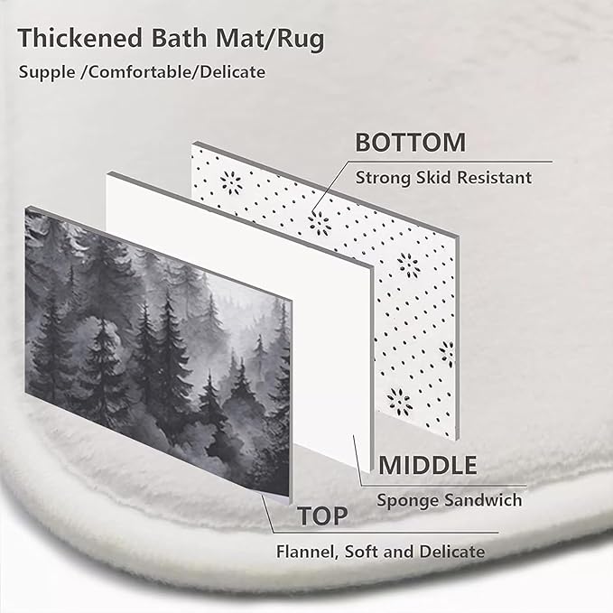 NBVKO 4Pcs Grey Misty Forest Shower Curtain Set with 12 Hooks Non-Slip Rugs,Toilet Lid Cover and Bath Mat,Nature Tree Mountain Bathroom Decor for Hotel & Home Bathroom