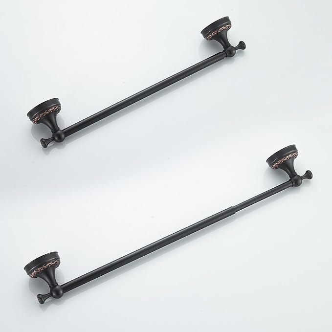 Oil Rubble Bronze Brass Single Towel Bar, Adjustable 15.5 to 27.5 Inch Bath Towel Bar Rack for Bathroom Towel Holder, Wall Mounted Black Bathroom Hardware Accessories,Pattern Carving Design