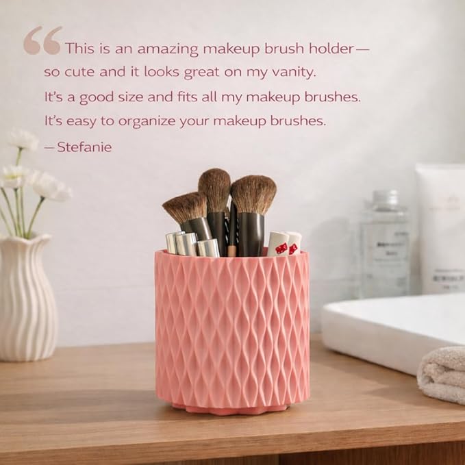 Makeup Brush Holder Organizer, 360?? Rotating 5-Slot Make up Brushes Cup for Cosmetic, Lipstick, Hair Brush Holder - Spinning Vanity Countertop Caddy for Bathroom, Dorm & Office, Pink