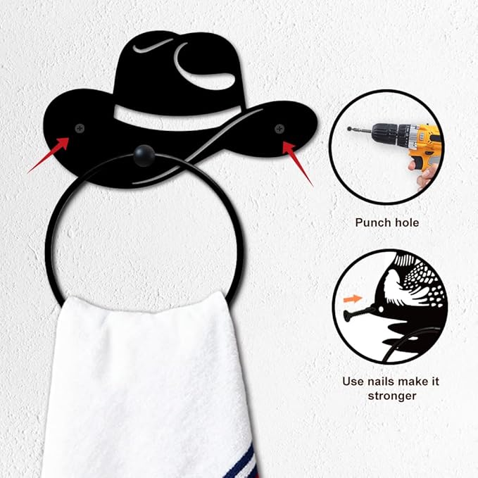 MAYJOYDIY Cowboy Hat Metal Towel Ring Round Hat Hand Towel Holder Ring Hanger Wall Mount Black Vintage Towels Wall Organizer for Kitchen Bath Home Laundry Room Decors Gifts