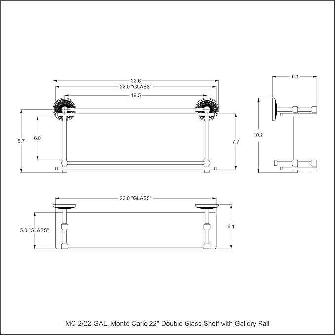 Allied Brass MC-2/22-GAL-PNK Monte Carlo 22 Inch Double Glass Shelf with Gallery Rail, Pink