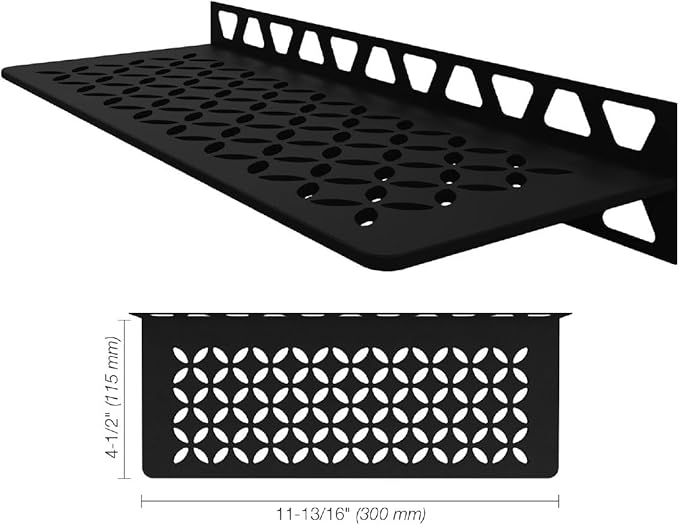 Schluter Rectangular Wall Shelf for Homeowners and Renovators - Suitable for Showers and Kitchens - 11-13/16" Length, Floral Design, Aluminum Material, Matte Black Finish - SWS1D5MGS