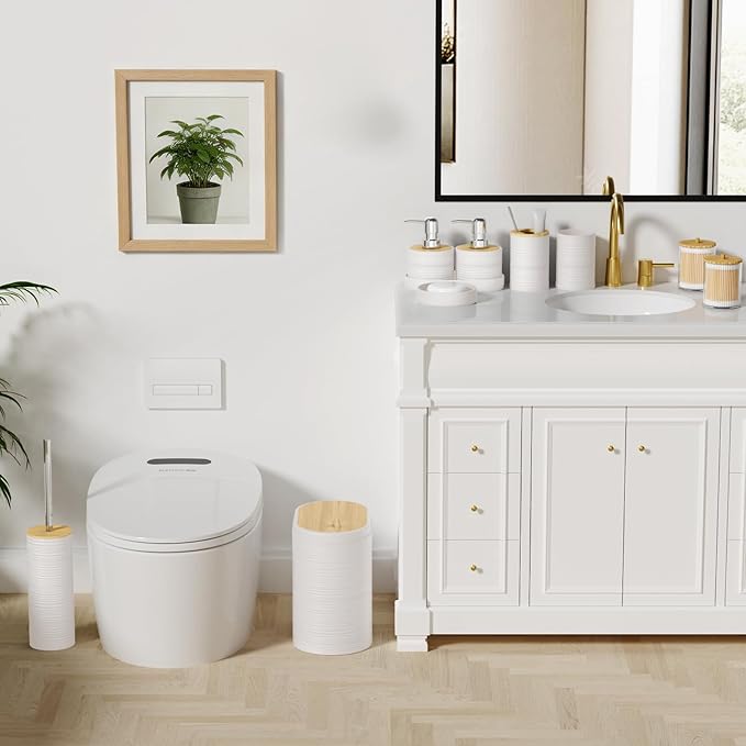 XLHOMO White Bathroom Set - 10PC Bathroom Accessories Set, Luxury Bathroom Accessory Set with Trash Can,Toilet Brush & 2 PC Soap Dispensers for Apartment Decor and Housewarming