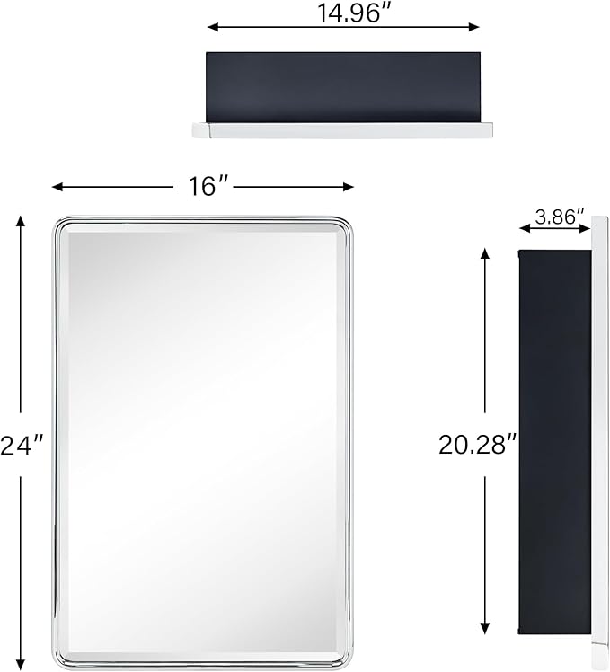 TEHOME Surface Mount 16x24 Polished Nickel Bathroom Medicine Cabinet with Mirror Metal Framed Rounded Rectangle Medicine Cabinet with Beveled Mirror