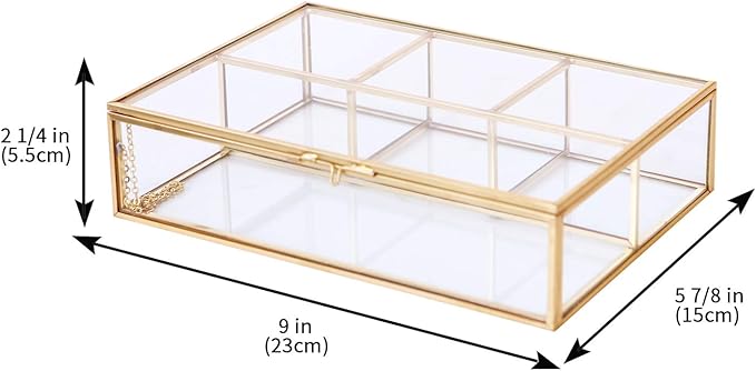 Vintage Glass & Brass Jewelry Box with 4 Compartments - Makeup Organizer, Cosmetic and Treasure Display Case, Elegant Storage Box for Vanity