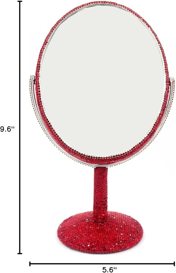 Bling Bling 6-Inch Double-Sided Tabletop Makeup Mirror, Oval Metal Makeup Mirror with 1:2 Magnifying Mirror, Rotating Mirror for Vanity (Red)