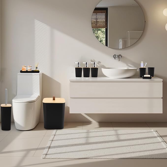 XLHOMO Bathroom Sets with Shower Curtain and Rugs, 27PCS Black Bathroom Accessories Set with Trash Can, Black Shower Curtain Set, No Slip Super Absorbent Bathroom Rugs