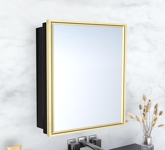 Medicine Cabinet with Mirror Recessed or Surface Mount Farmhouse Style Single Door Mirror Cabinet Square Bathroom Storage, Brushed Gold, 24x24 Inch