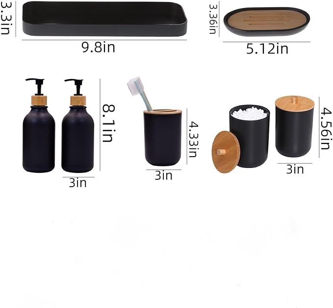 Matte Black Bathroom Accessories Set 7 Pcs,Bamboo Bathroom Accessories Sets,Black Soap Dispenser and Toothbrush Holder Set,Qtip Holder,Vanity Tray,Soap Dish,Modern Bathroom Decor