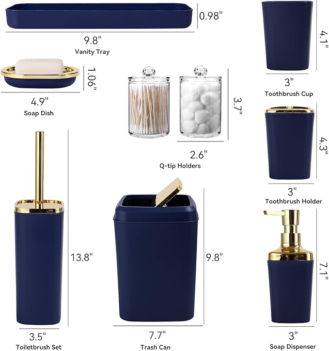 XLHOMO Navy Blue Bathroom Accessories Set, Blue and Gold Bathroom Accessories with Trash Can, Soap Dispenser, Soap Dish, Toothbrush Holder and Q-tip Holders