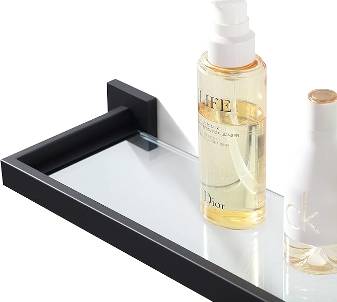 Bathroom Shelf, Glass Shelf for Bathroom, 22.32 Inch Large, 8mm Extra Thick Tempered Glass Shelves Wall Mounted, Square Modern Rectangular, Matte Black,No Assembly, 071090-MB