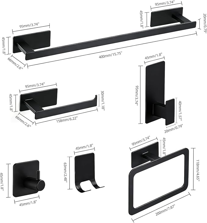 10 Pieces Bathroom Towel Bar Set, Stainless Steel Matte Black Bathroom Hardware Set Self Adhesive, Towel Racks for Bathroom, 16 inch Towel Bar, Robe Towel Hooks, Toilet Paper Holder, Towel Ring