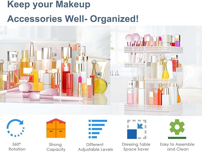 Rotating Makeup Organizer, Large Capacity Cosmetic Display Case, Acrylic Skincare Organizer with Makeup Brush, Makeup Storage Organizer for Dresser Countertop and Bathroom Vanity - Clear