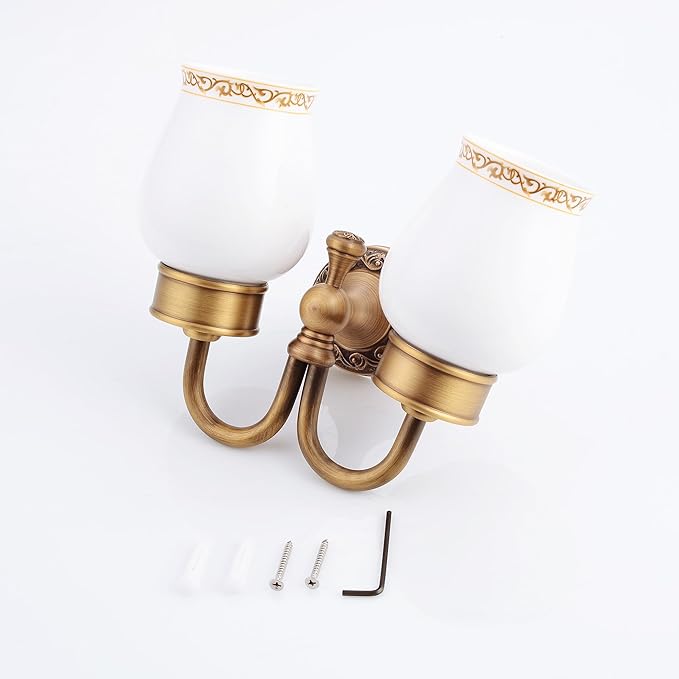 Wall Mounted Bathroom Double Tooth Brushed Cup Holder, Antique Brass Pattern Carving,Brushed Bronze