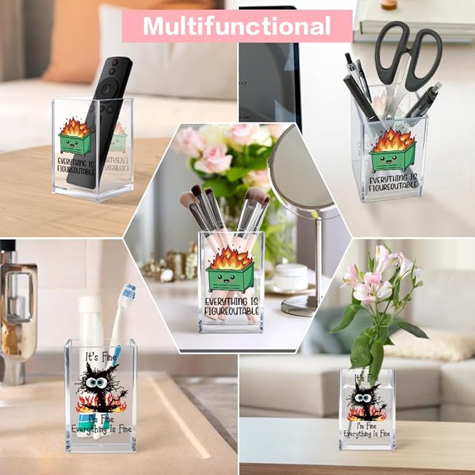 Funny Black Cat 2 Pack Acrylic Cosmetic Pencil Pen Holder Cup, Emotional Dumpster Fire Pencil Pen Holder Cup, Cat Lover Gift for Women, Office Sarcastic Gifts for Women Men Colleague