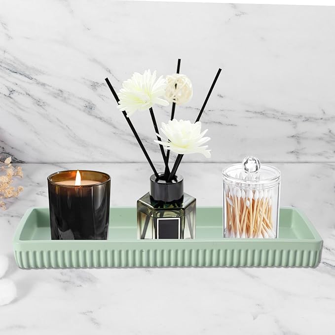 XLHOMO Resin Light Green Bathroom Accessories Set 5 Pcs, Lotion Soap Dispenser, Toothbrush Holder, Bathroom Tumbler, Qtip Holder and Vanity Tray, Bathroom Countertop Organizer Set for Modern Apartment
