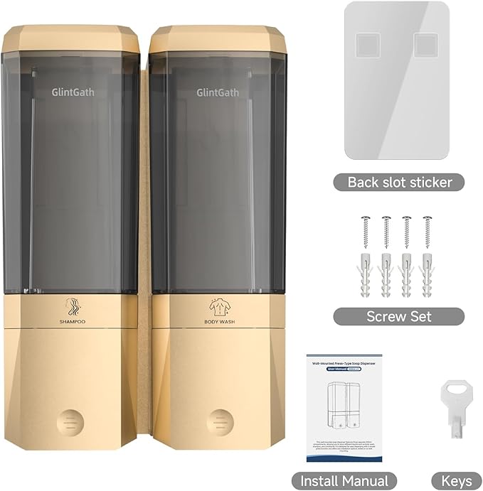 Shampoo and Conditioner Dispenser,Shower Dispenser 2 Chamber No Drill Shampoo Dispenser for Shower Wall Mounted Shower Soap Dispenser for Bathroom Hotel,Large Capacity 2 * 500ML,Gold