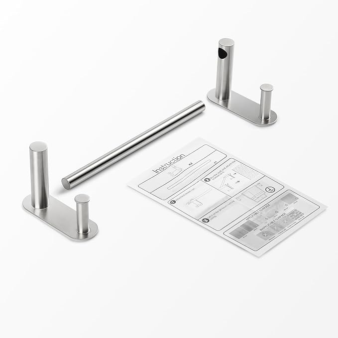 9 Inch Adhesive Towel Bar - Stainless Steel Stick on Towel Rack for Bathroom, No Drilling Towel Holder with 2 Hooks, Brushed Nickel