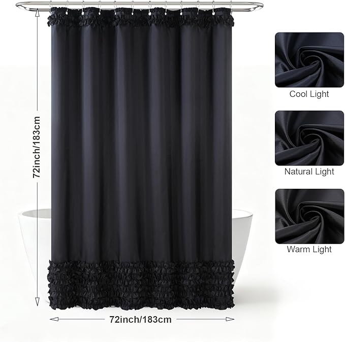 Black Ruffle Shower Curtain, Girls Women Fabric Shower Curtain with Delicate Handcrafted Ruffles, Waterproof Ruched Farmhouse Decorative Bathroom Curtain, 72" W x 72" H