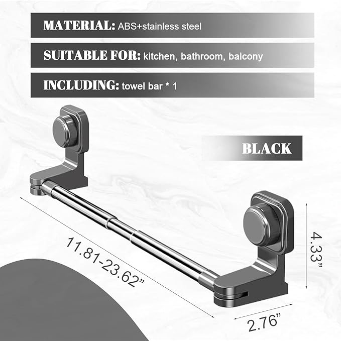 Extendable Suction Cup Towel Bar 12-24inch Removable Towels Holder for Shower Stainless Steel Single Rack No Drill Wall Mounted Clothes Hanger Rod for Bathroom Kitchen Gray