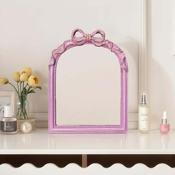 Pink Bow Mirror - 13x10 Inch Perfect Elegant Decorative Accent, Wall-Mounted Tabletop Makeup Mirror for Nursery Baby Room Bedroom Decor