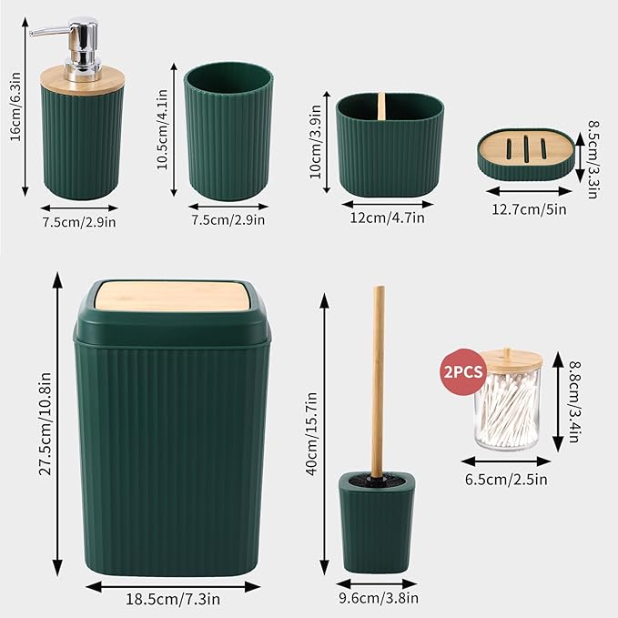 Green Bathroom Accessories Set 8 Pieces Bamboo Bathroom Set with Trash Can, Soap Dispenser, Soap Dish, Toothbrush Holder, Toothbrush Cup, Toilet Brush and Qtip Holders