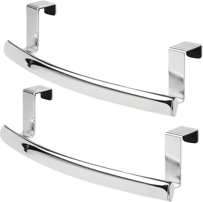 mDesign Steel Over Door Curved Towel Bar Storage, Hanger for Cabinet or Cupboard, Holder Rack for Kitchen, Bathroom - Holds Hand/Dish Towels, Washcloths - Spira Collection - 2 Pack - Chrome