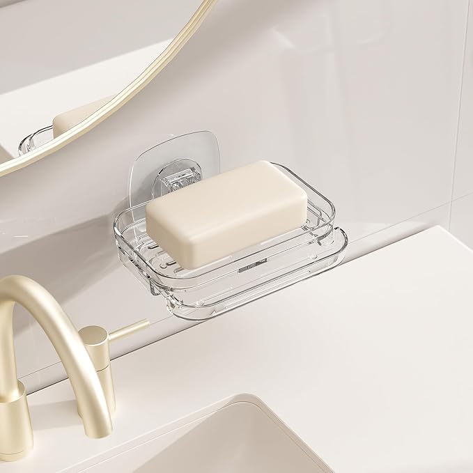 Soap Dish for Shower Clear Soap Holder Pull-Out Water Tray No Drilling Required Strong Fixation for Rv Bathroom and Kitchen Easy(2 Pack)