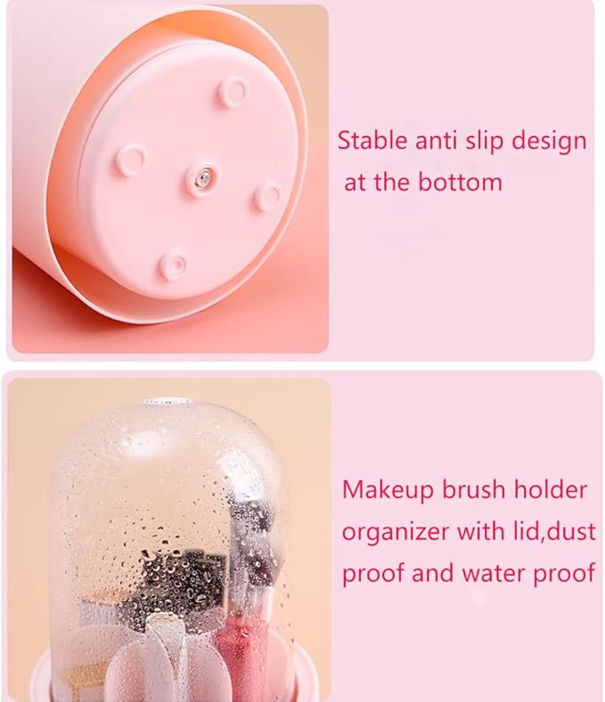 GBSTORE Makeup Brushes Holder Organizer with Clear Lid,360 Degree Rotating Makeup Brush Storage Container Dustfree Cosmetic Display Case Holder for Bathroom Countertop Vanity Desktop (Pink)