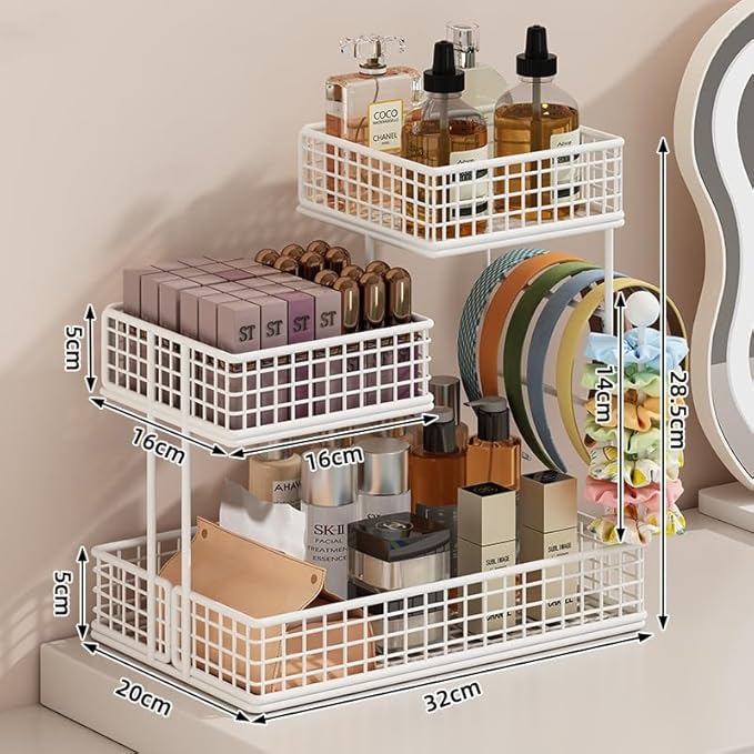3-Tier Metal Cosmetic Organizer,Cosmetic Storage Rack for Vanity Tables,Multipurpose Metal Bathroom Organizers and Storage, Home and Office use Countertop Organizer (Square-White)