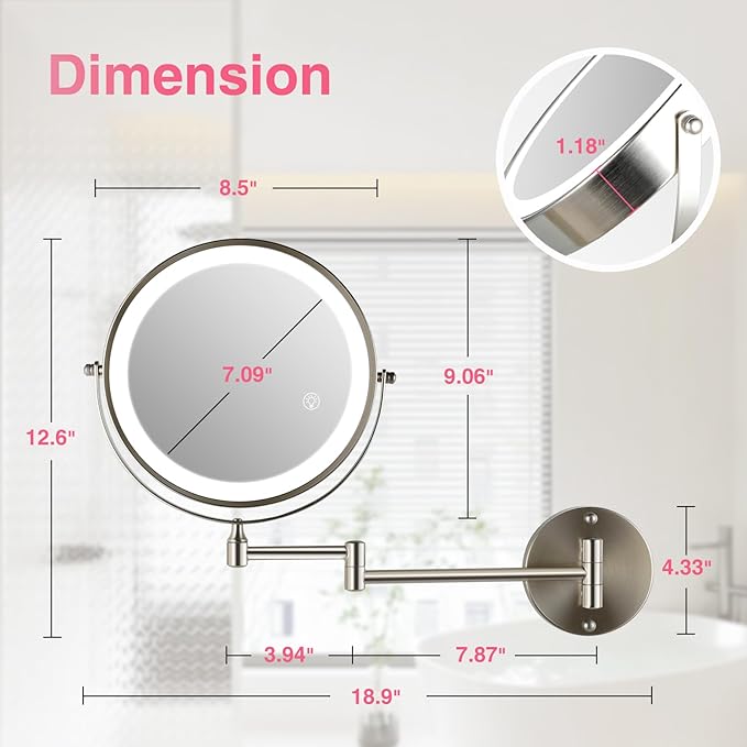 GREENFROM 8.5 Inch Magnifying Mirror with Lights, Wall Mounted Makeup Mirror, Dual-Sided 1X/20X, Bright LED Lighting, Space-Saving Design for Bathroom & Vanity, Brushed Nickel