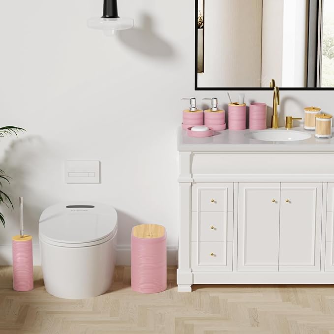 XLHOMO Pink Bathroom Set - 10PC Bathroom Accessories Set, Luxury Bathroom Accessory Set with Trash Can,Toilet Brush & 2 PC Soap Dispensers for Apartment Decor and Housewarming