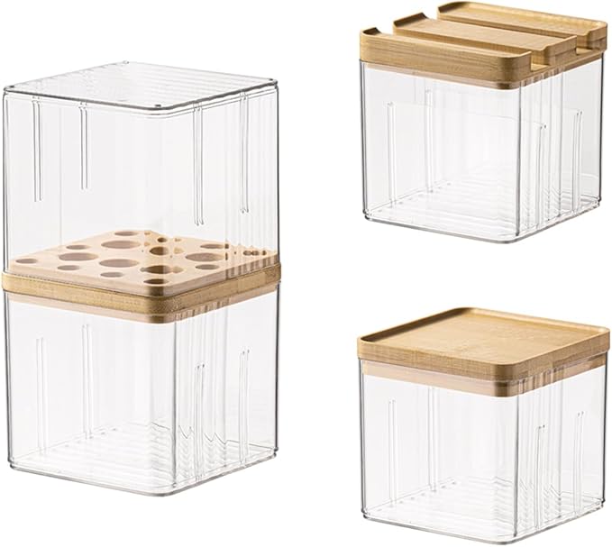 MORNITE 3-Pack Makeup Organizer Set with Lids, Makeup Brush Holder Containers, Cosmetic Display Case, Bathroom Vanity Counter Storage for Eyeliners Lip Liners Qtips Sponges Cotton Pad