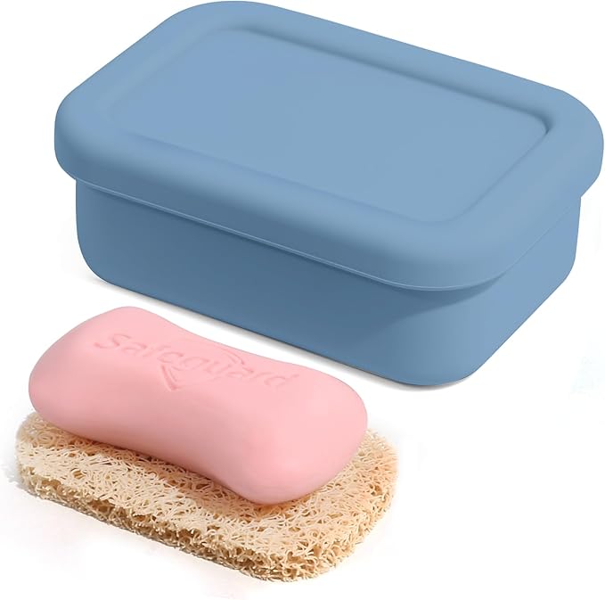 HighHerz Leak Proof Silicone Travel Soap Case with Draining Tray - Bar Soap Holder for Travel, Gym & Camping - Mess-Free Portable Soap Container for Carry-on Bags (Dark Blue)