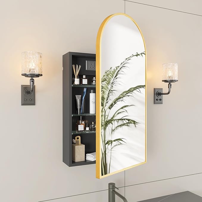 FKWin Bathroom Mirror with Storage and Power Outlet, Medicine Cabinet for Left or Right Opening, not Recessed, Ample Vanity Mirror with Storage for Homeowner, Gold, 20x34 inch