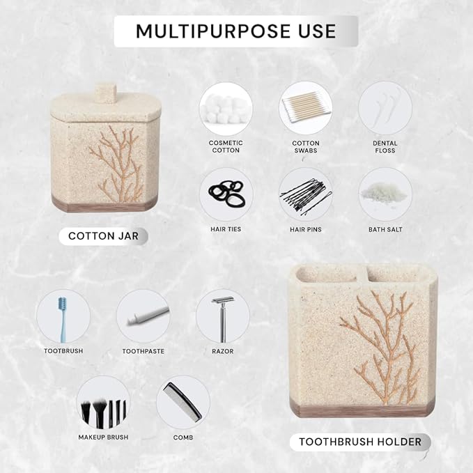 Decozen Bathroom Accessories 6Pcs Set, Soap Dispenser, Toothbrush Holders, Tumbler, Soap Dish & Cotton Swab Jar – Modern Bathroom Decor, Modern Farmhouse Decor, Countertop Accessories, Beige Brown