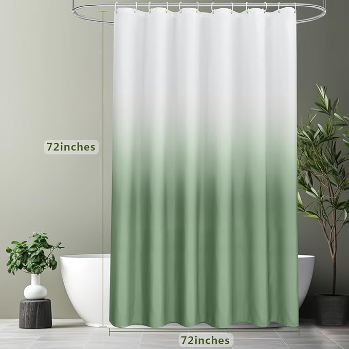 AooHome Fabric Shower Curtains, Cloth Ombre Green Shower Curtain Sets, Washable Fabric Green and White Shower Curtain, Rustic Farmhouse Bathroom Shower Curtains, 72x72 Inches