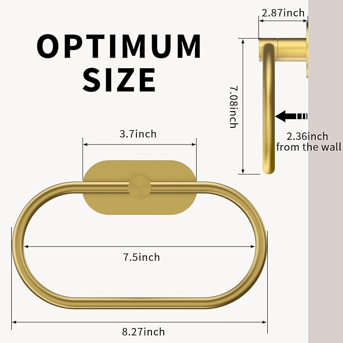 Adhesive Towel Holder for Bathroom Brushed Gold No Drill Hand Towel Ring Stainless Steel and Zinc Alloy Self Adhesive Towel Hanger for Bath, Kitchen