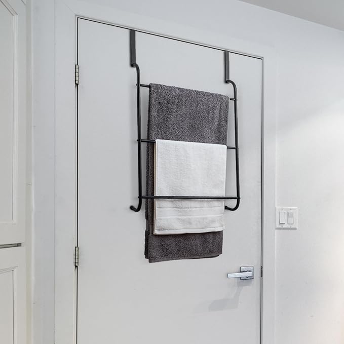 MyGift Over the Door Towel Rack, 3 Tier Modern Triple Towel Holder, Space Saving Bathroom/Laundry Room Clothes Drying Rack, Over Cabinet Towel Bar Hanger, Matte Black Metal