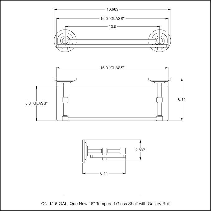 Allied Brass QN-1/16-GAL-GYM Que New 16 Inch Tempered Glass Gallery Rail Shelf, Matte Gray