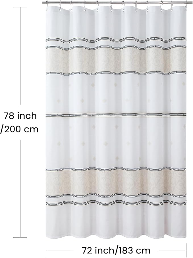 Fabric Shower Curtain, 78 Inch Long White Cream Black Print Waterproof Shower Curtains for Bathroom, 72" W x 78" H